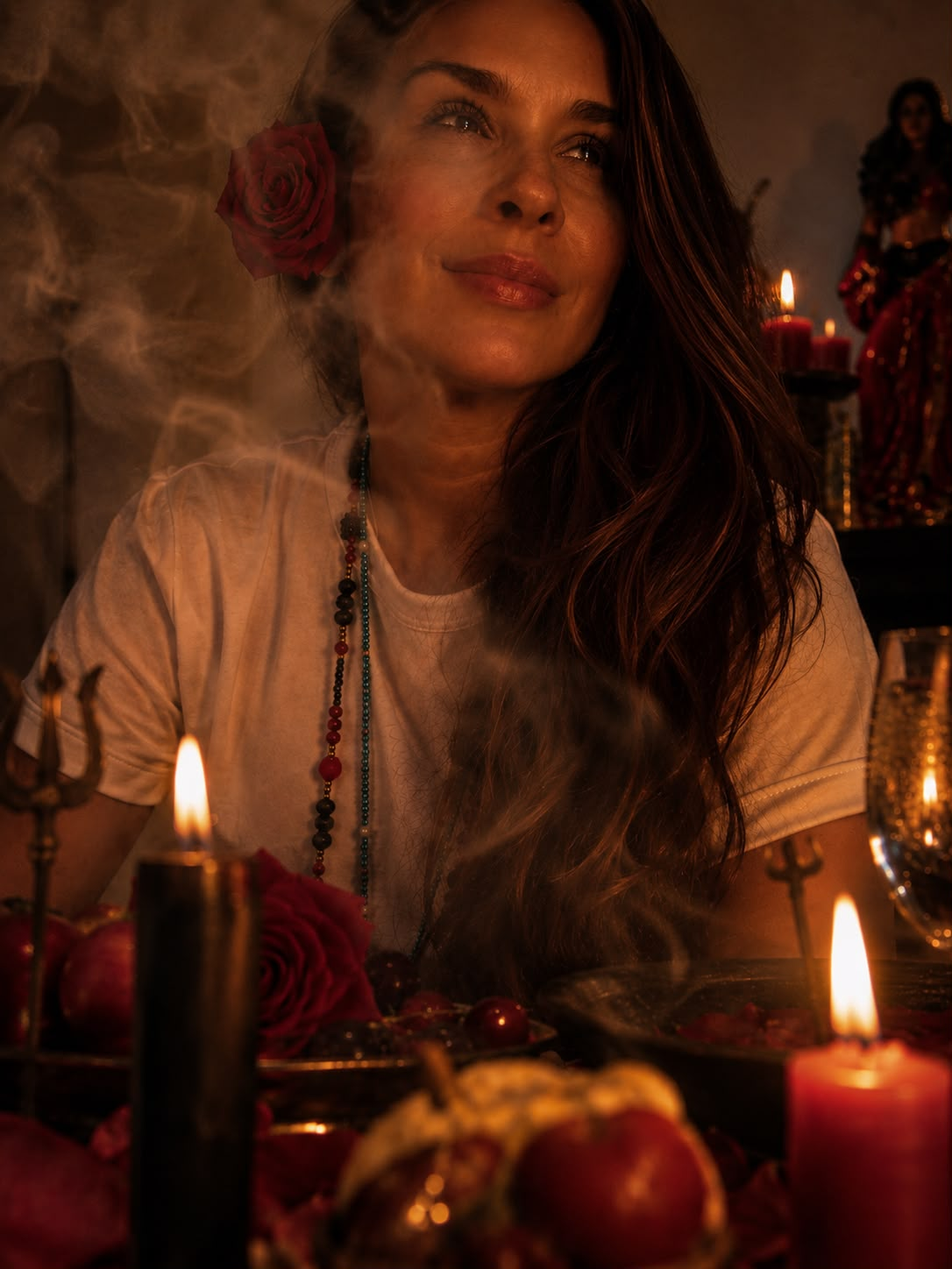 Padilha entre velas, rosas vermelhas e oferendas